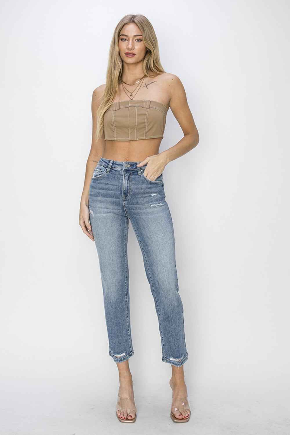 RISEN High Waist Distressed Cropped Jeans  Women's Jeans - Full Size