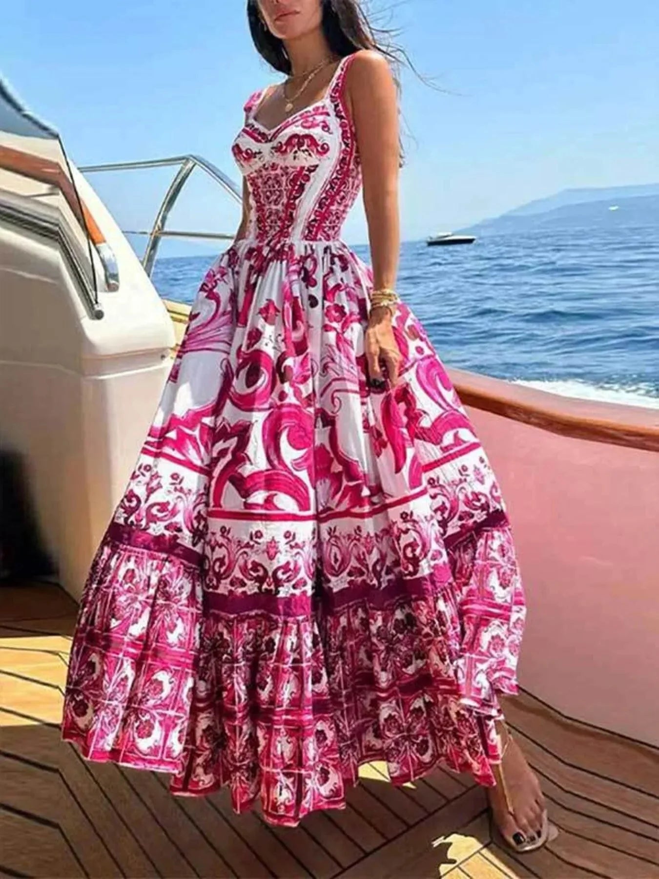 Full Size Boho Printed Sweetheart Neck Maxi Cami Dress