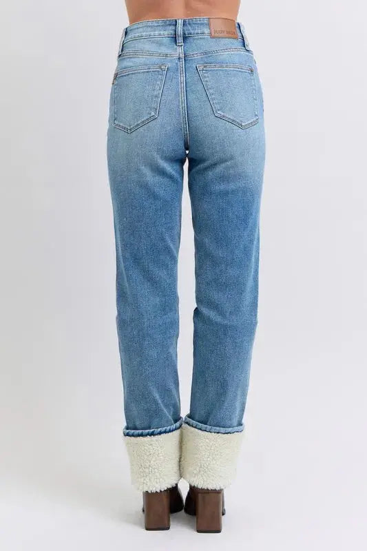 Plus Size High Waist Shearling Cuff Straight Leg Judy Blue Jeans