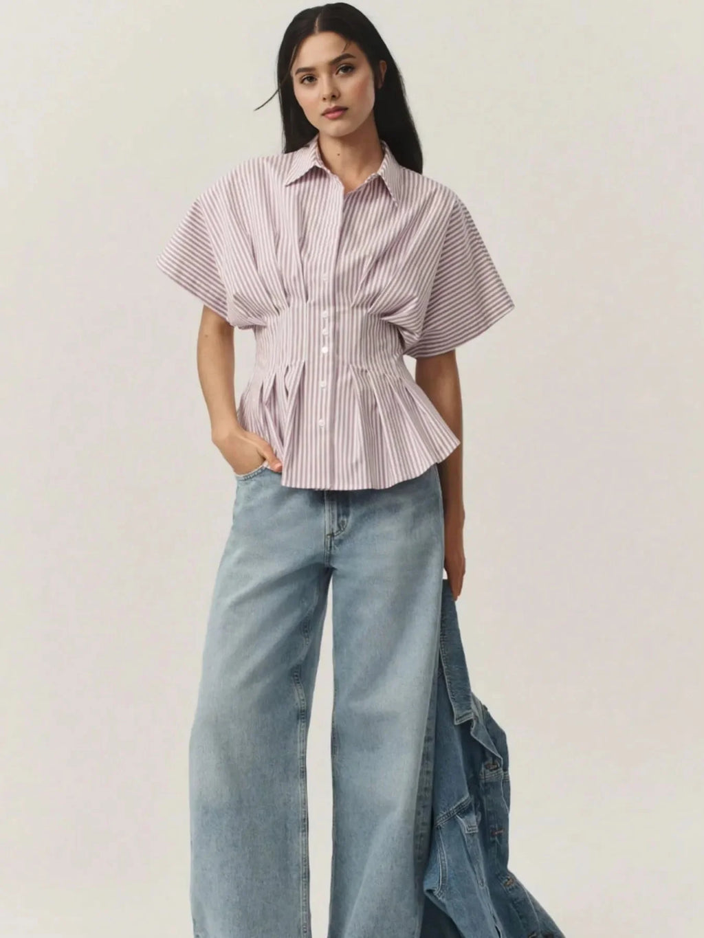 Pinstripe Puff Sleeve Cinched Waist Button Up Shirt