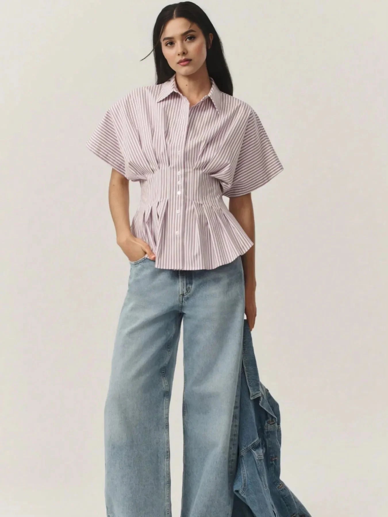 Pinstripe Puff Sleeve Cinched Waist Button Up Shirt