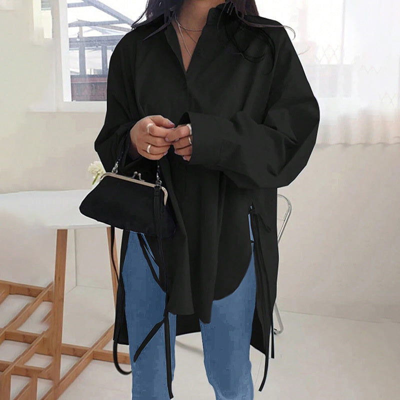Women's Casual Loose-Fit Long Sleeve Shirt - Side Slit Tie Detail Button-Down Blouse, Solid Color Top