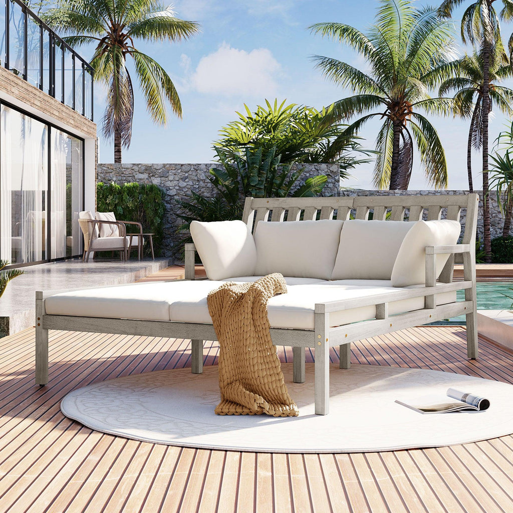 Outdoor Daybed, Patio Daybed with Four Pillows, Wooden Outdoor Bed with Curved Armrests for Poolside, Backyard, Garden