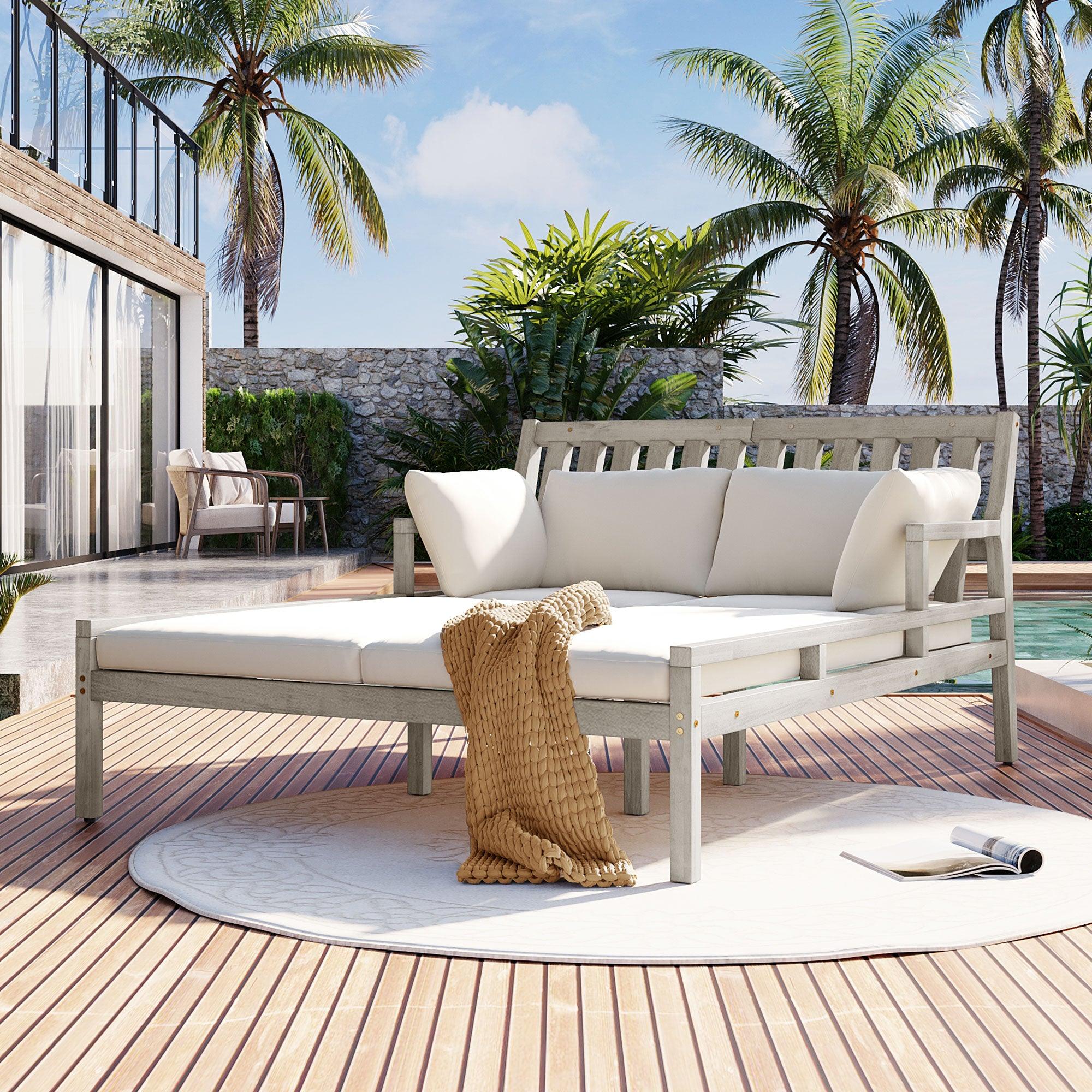 Outdoor Daybed, Patio Daybed with Four Pillows, Wooden Outdoor Bed with Curved Armrests for Poolside, Backyard, Garden