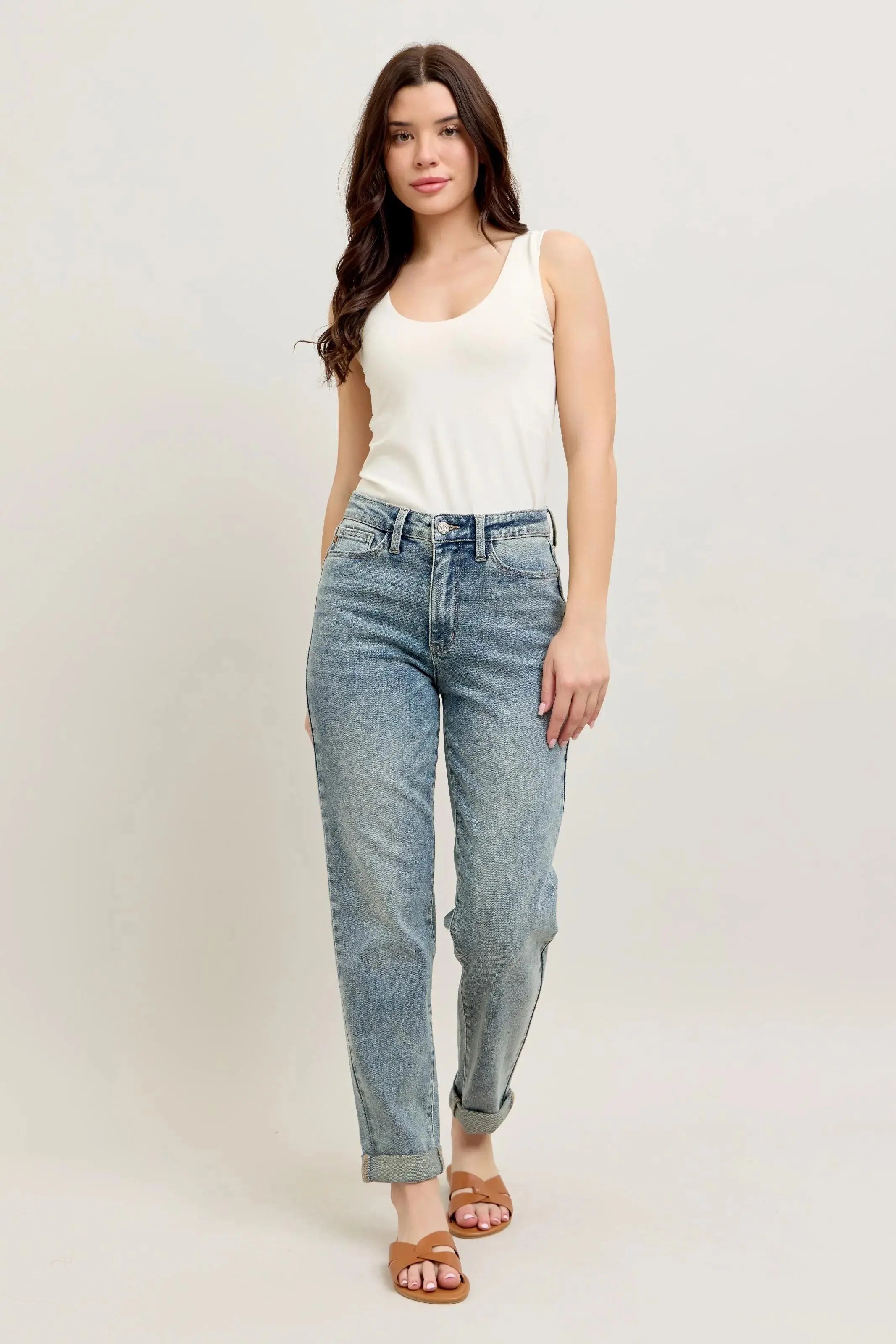 Judy Blue Jeans - Full Size High Waist Vintage Wash Double Roll Cuff Boyfriend Fit