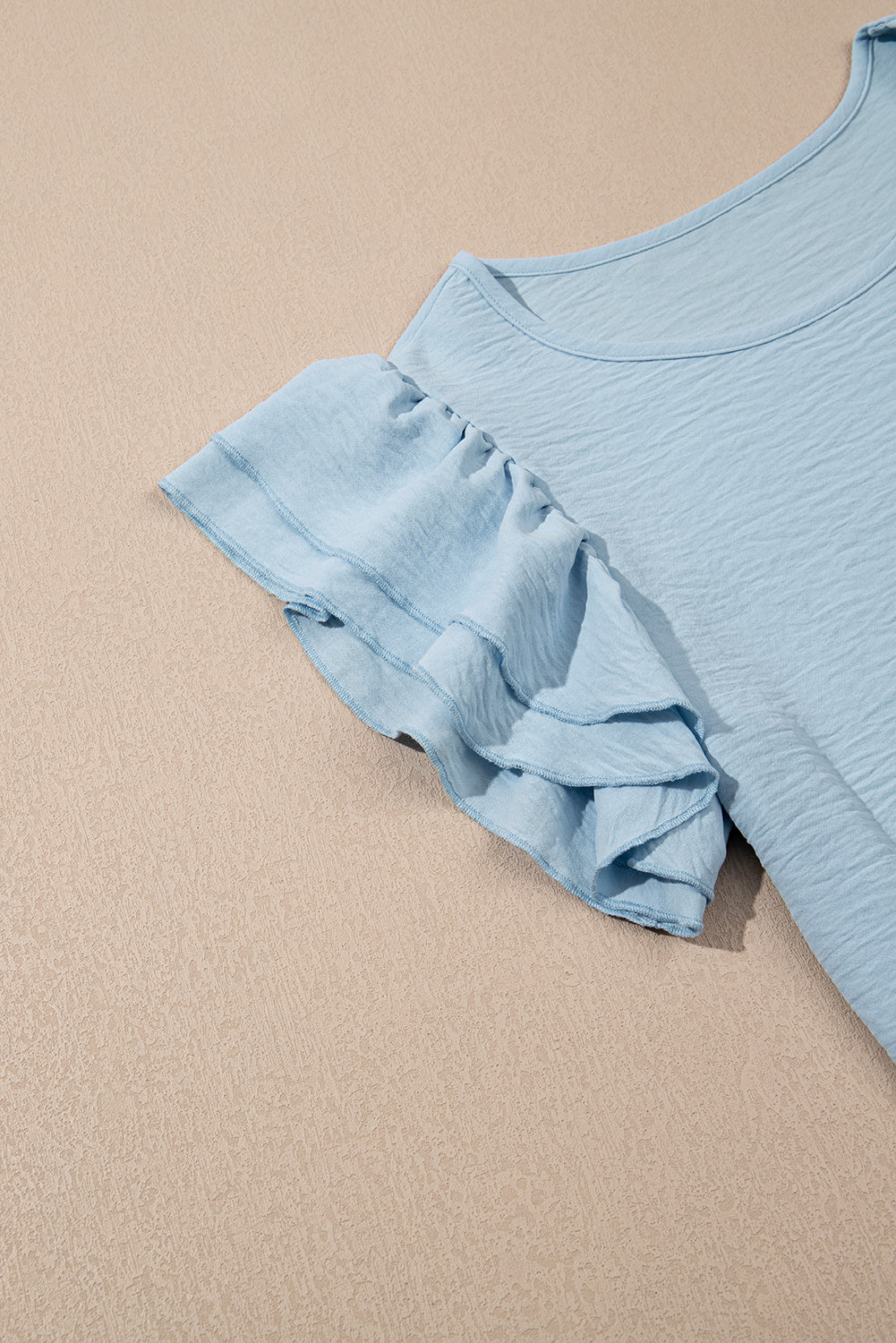 Aqua Ruffle Sleeve Blouse - Clearly Aqua Solid Color Crinkled Top