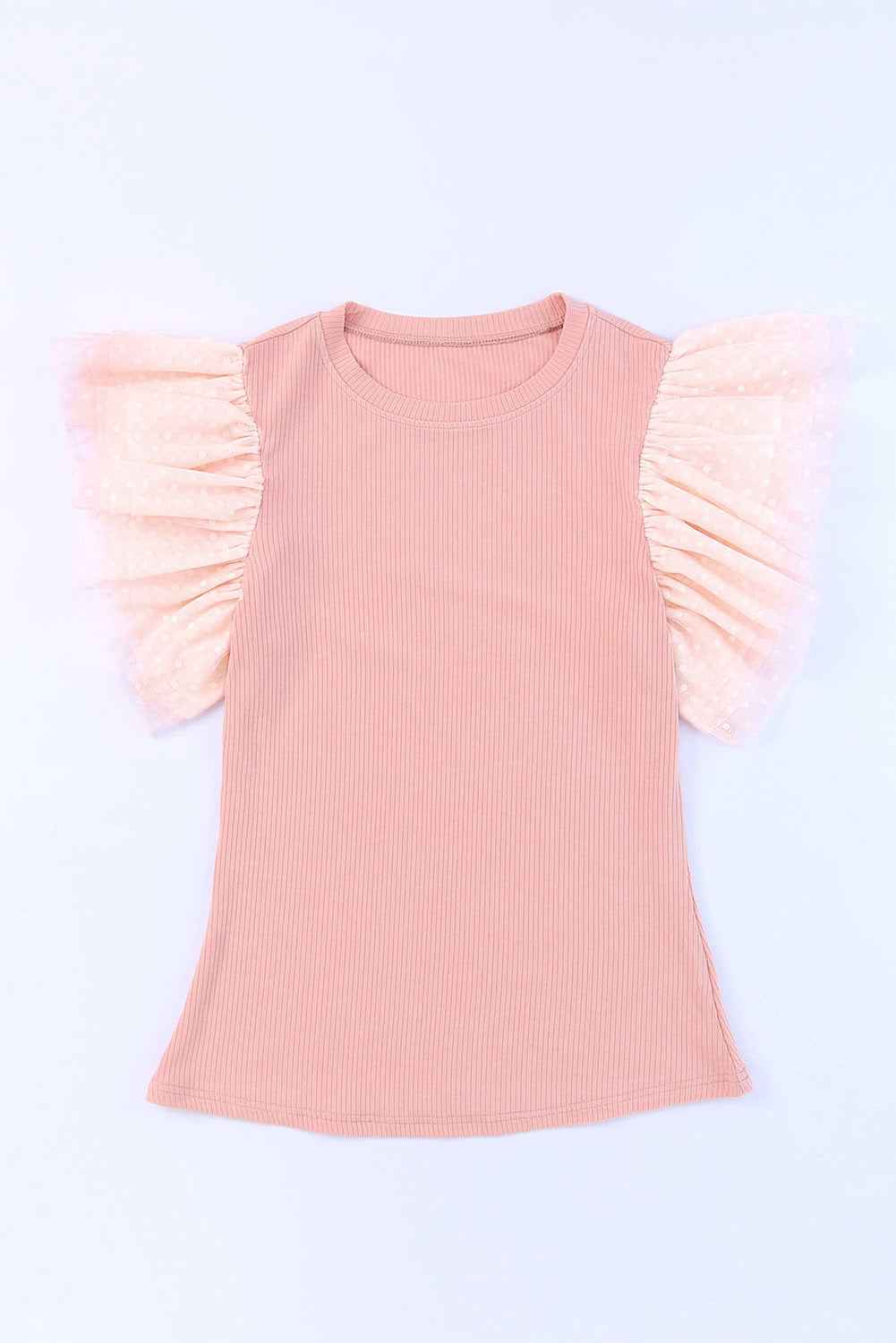 Pink Ruffle Knit Blouse - Casual Dotty Layered Ruffle Ribbed Knit Women's Top