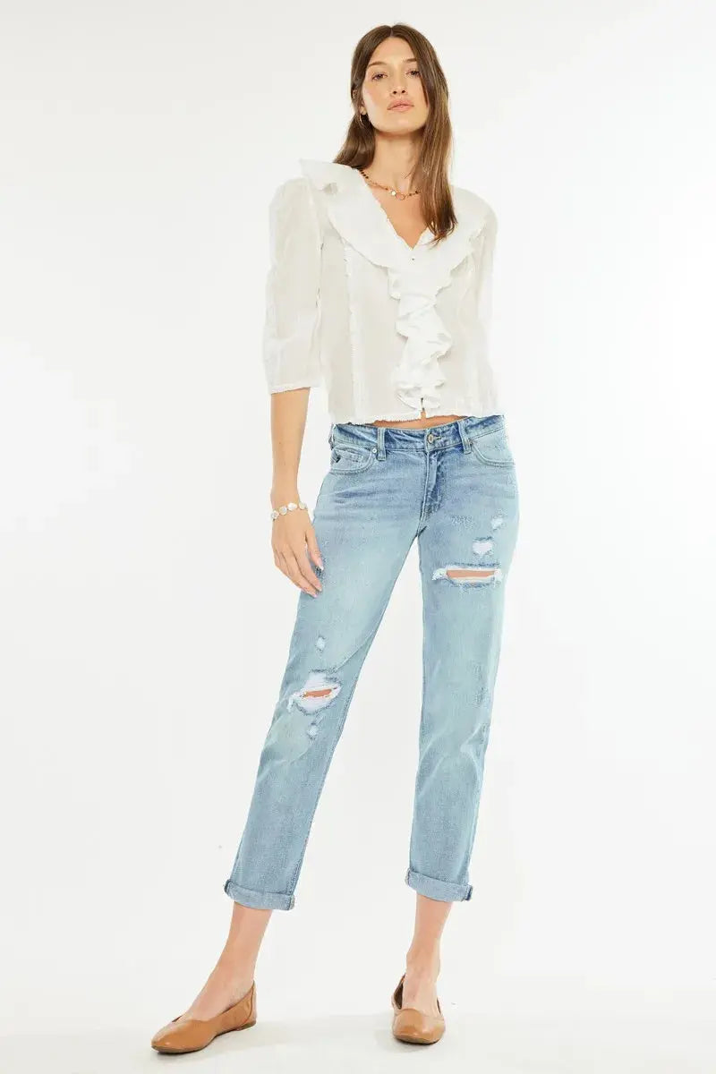 Mid Rise Distressed Kancan Boyfriend Jeans - Light Wash