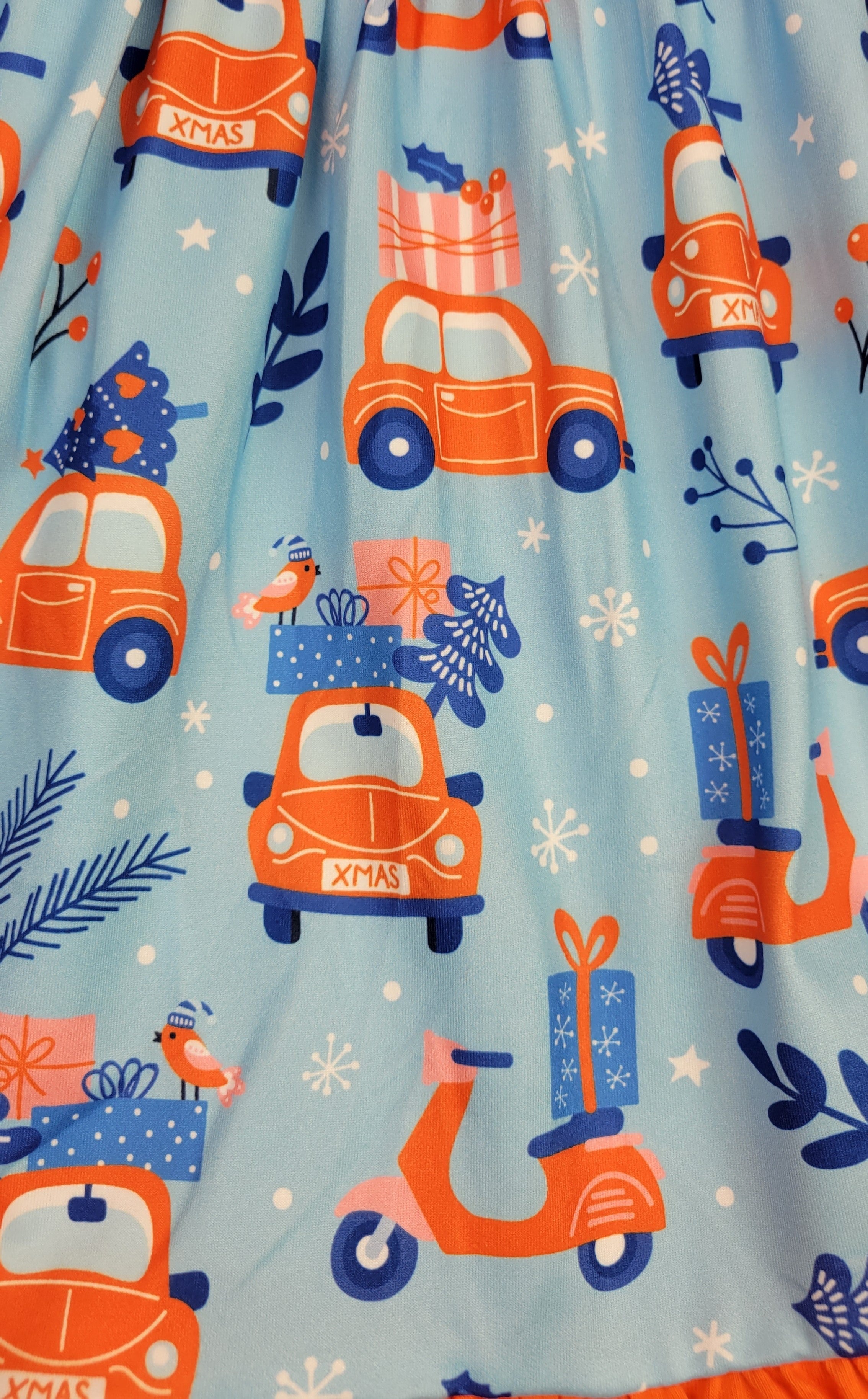 Christmas Car Long Sleeve Ruffle Milk Silk Dress