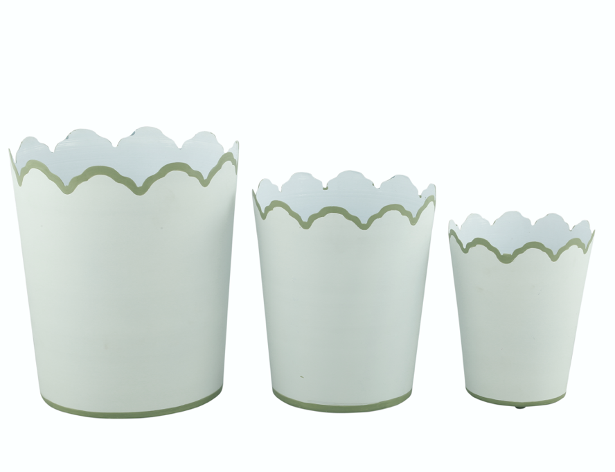 White & Soft Green SCALLOPED BUCKET Wastepaper Basket & PLANTERS (3 SIZES)