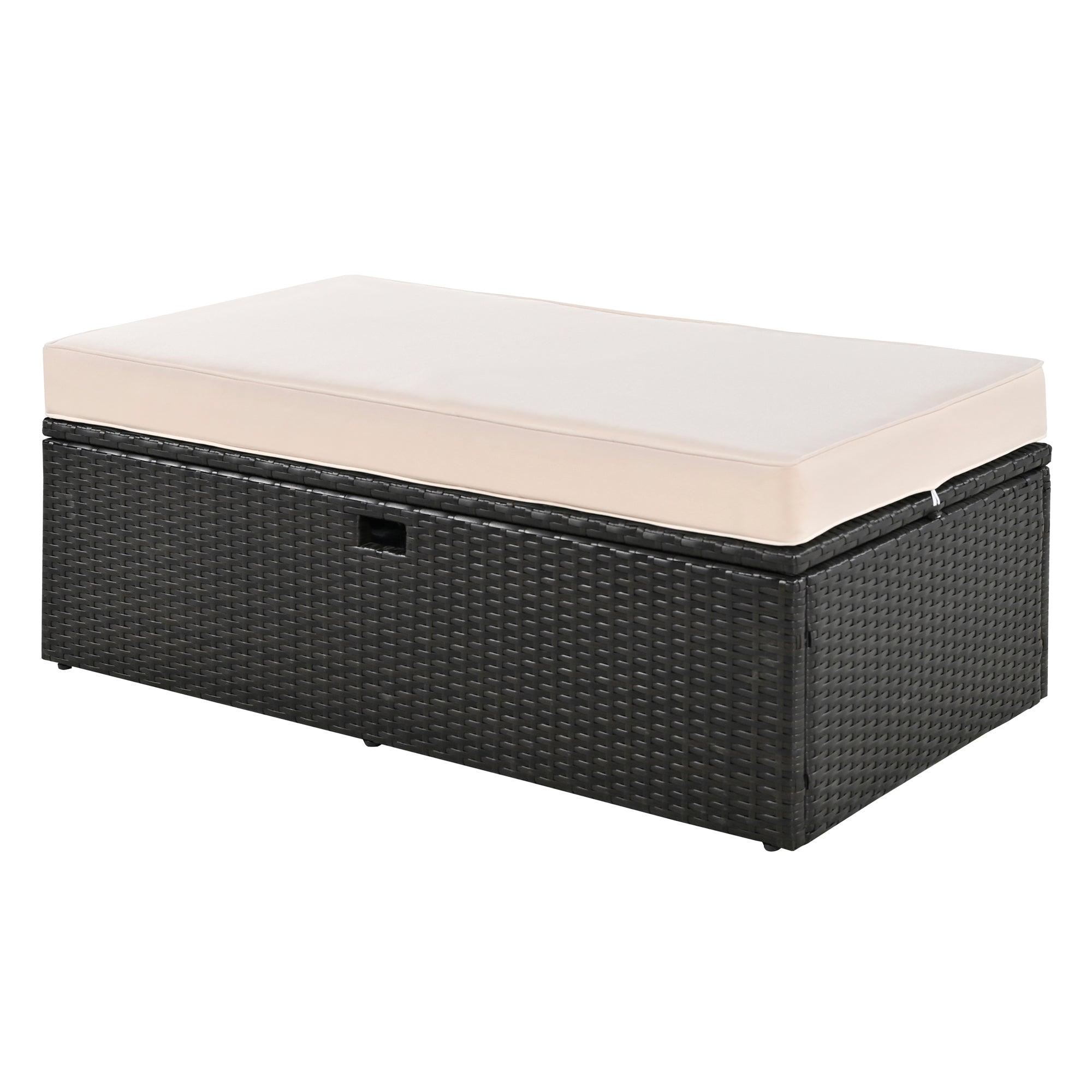 2-Piece Outdoor Rattan Daybed with Bench Lounge Roof Set and Cushions for Poolside, Backyard and Garden