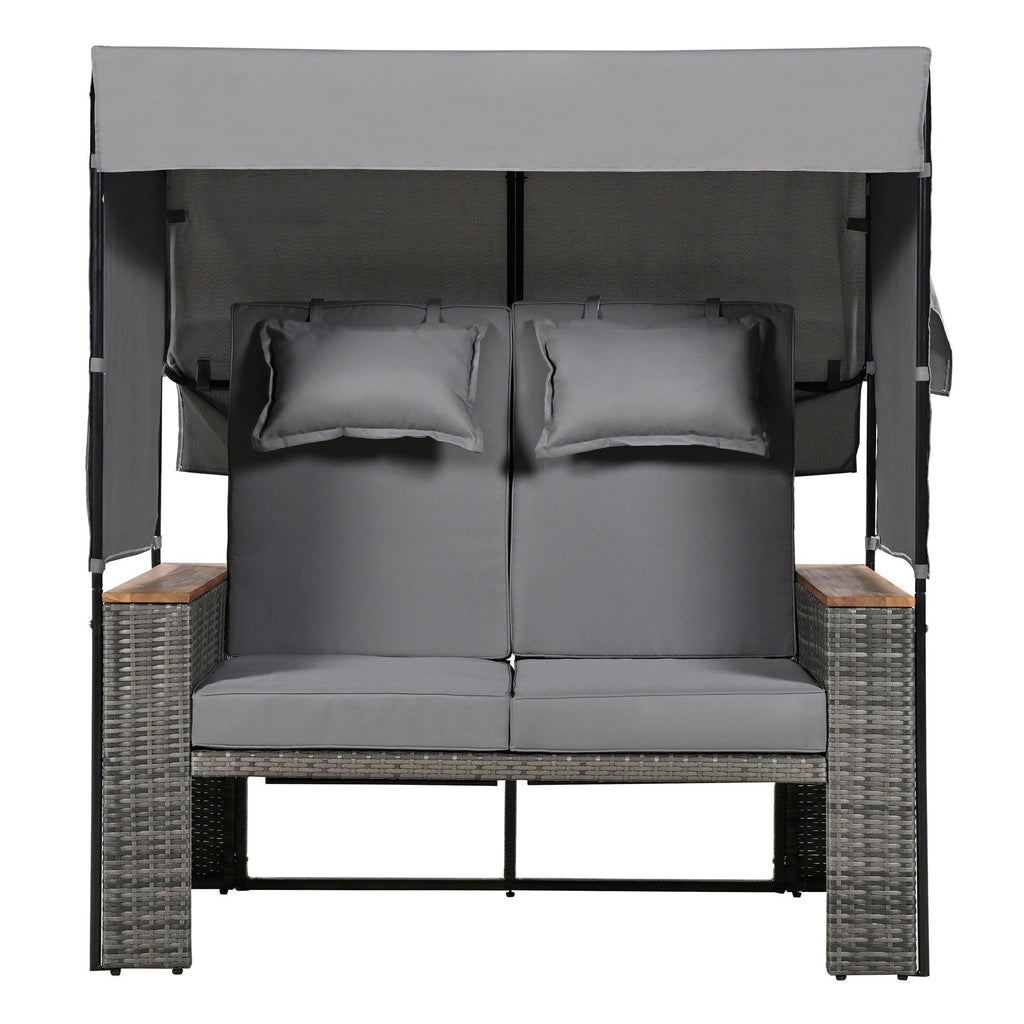 2-Piece Outdoor Rattan Daybed with Bench Lounge Roof Set and Cushions for Poolside, Backyard and Garden