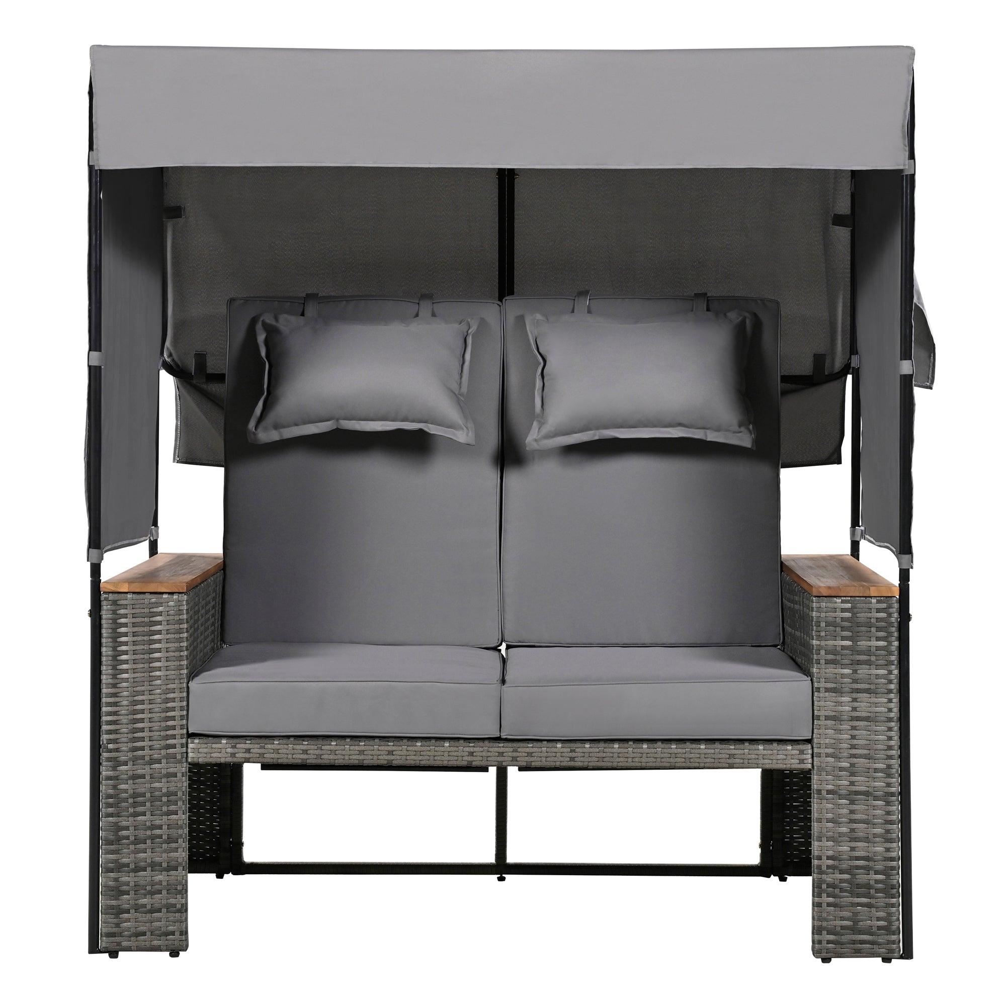 2-Piece Outdoor Rattan Daybed with Bench Lounge Roof Set and Cushions for Poolside, Backyard and Garden