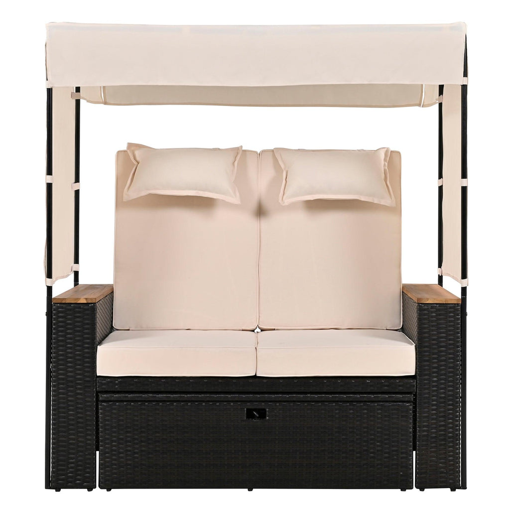 2-Piece Outdoor Rattan Daybed with Bench Lounge Roof Set and Cushions for Poolside, Backyard and Garden