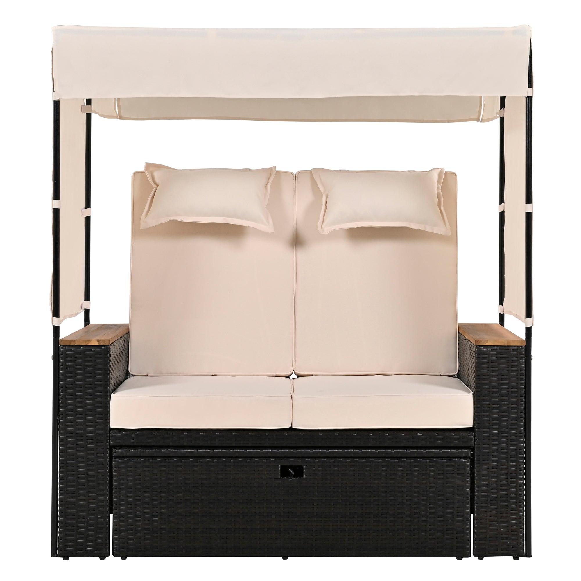 2-Piece Outdoor Rattan Daybed with Bench Lounge Roof Set and Cushions for Poolside, Backyard and Garden