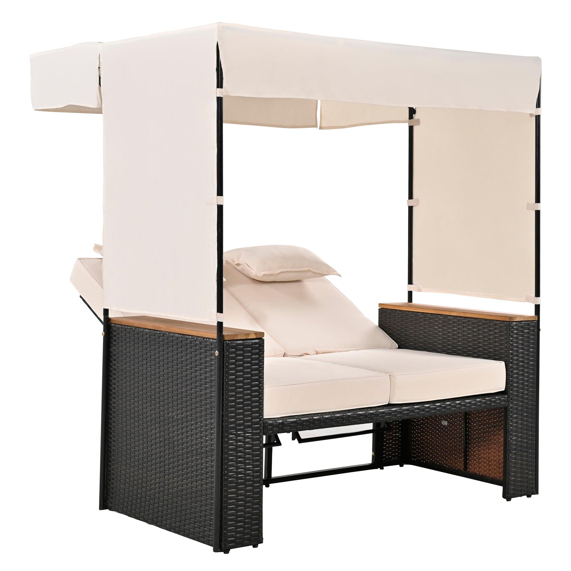 2-Piece Outdoor Rattan Daybed with Bench Lounge Roof Set and Cushions for Poolside, Backyard and Garden