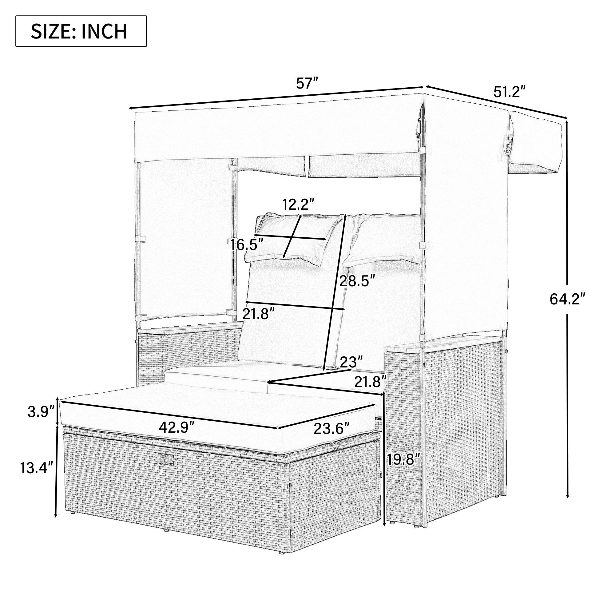 2-Piece Outdoor Rattan Daybed with Bench Lounge Roof Set and Cushions for Poolside, Backyard and Garden