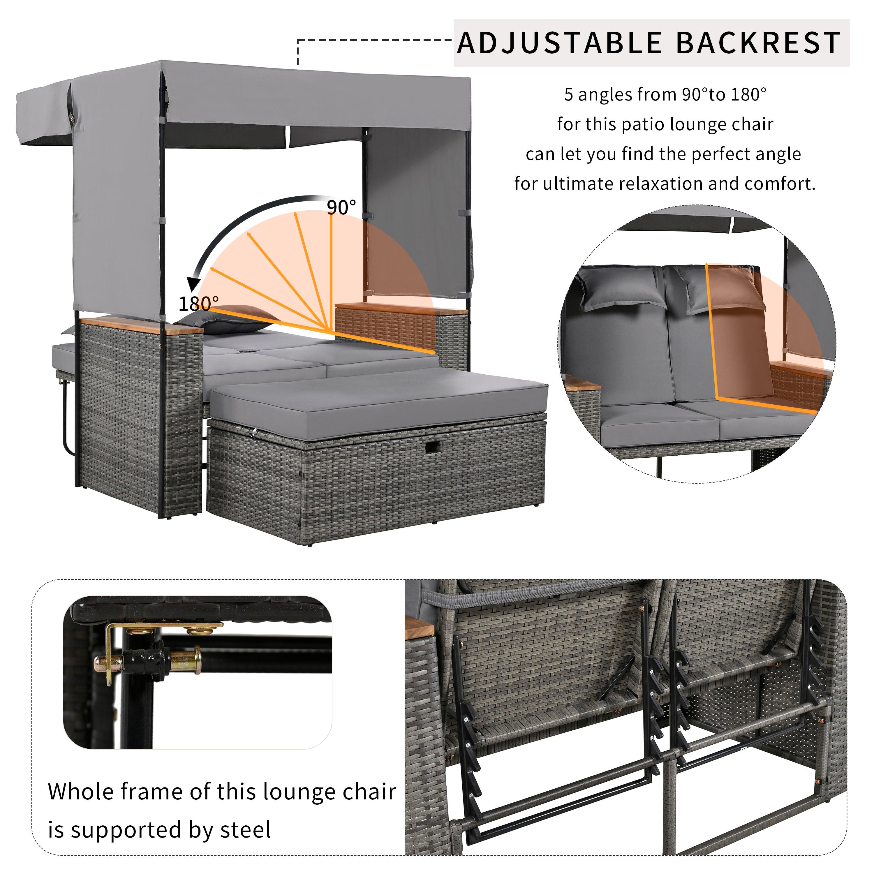 2-Piece Outdoor Rattan Daybed with Bench Lounge Roof Set and Cushions for Poolside, Backyard and Garden