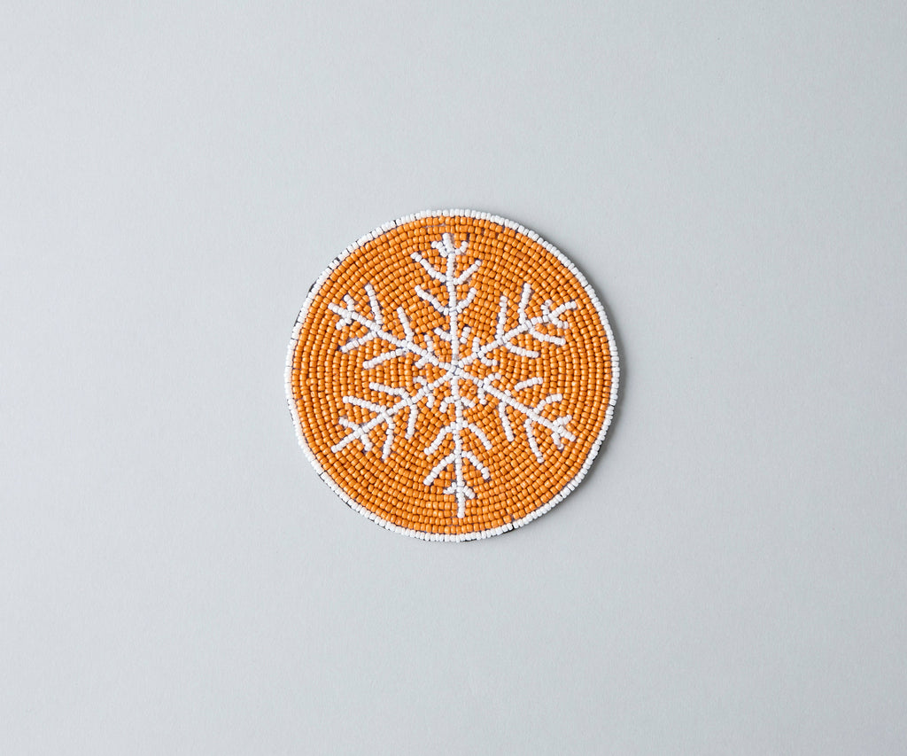Handmade Beaded Christmas Snowflakes Coasters, White and Yellow Beads, Payton James Holiday Table Decor, Elegant Centerpiece Gift Idea