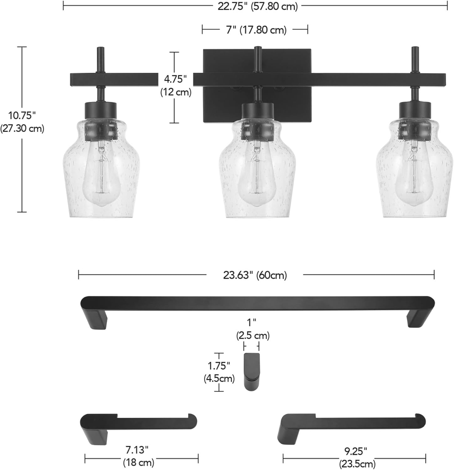 Bunbury 5-Piece "All-in-One" Bathroom Set, Matte Black, 3-Light Vanity Light Combo
