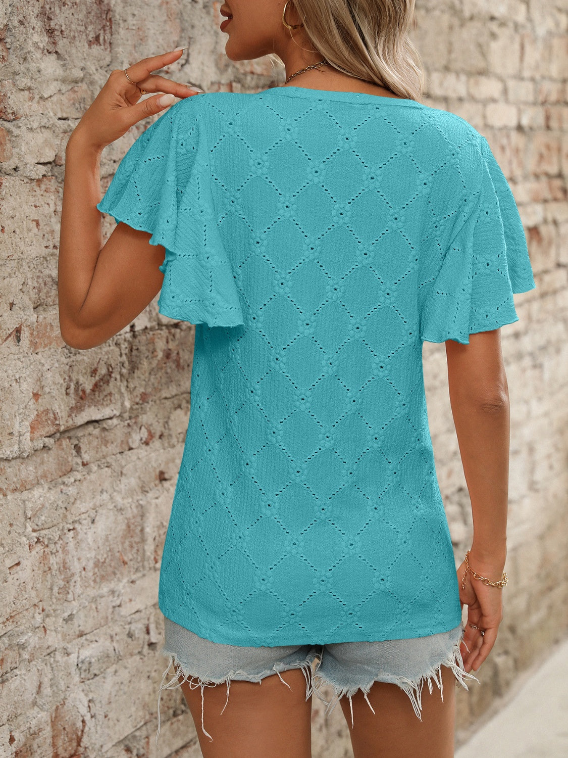 Eyelet Flutter Sleeve Top - Round Neck & Stylish Women's Top