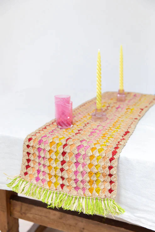 Fringe Table Runner, Floral raffia tabletop