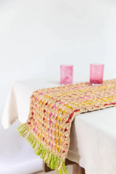 Fringe Table Runner, Floral raffia tabletop