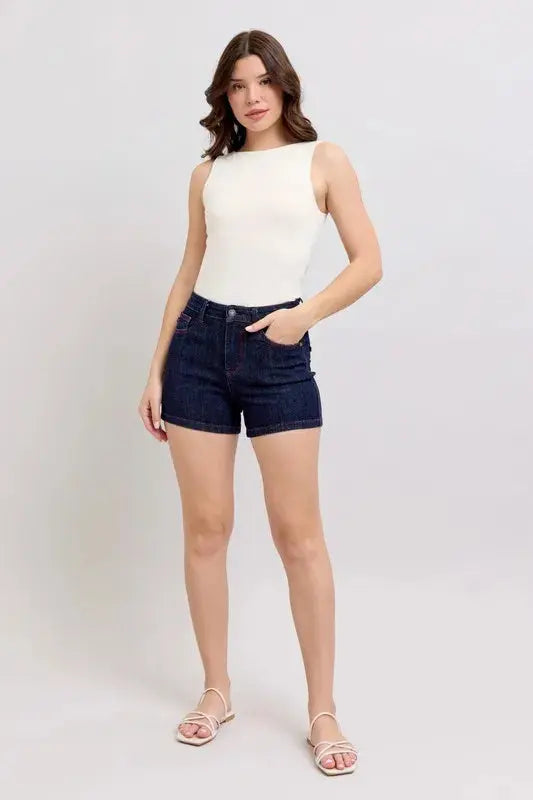 Judy Blue Jeans - Plus Size High Waist Heart Shaped Pockets Denim Shorts with Red Contrast Thread