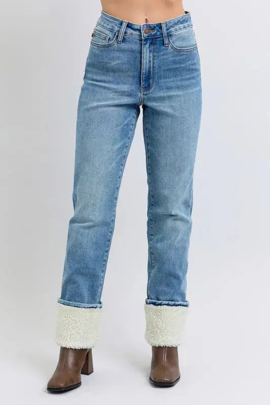 Plus Size High Waist Shearling Cuff Straight Leg Judy Blue Jeans