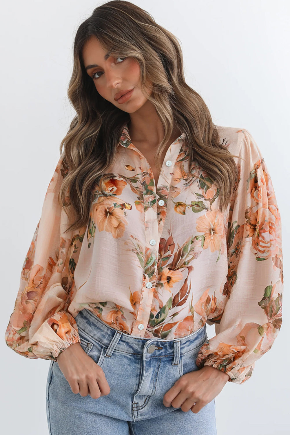 Orange Floral Puff Sleeve Polyester Lightweight Shirt