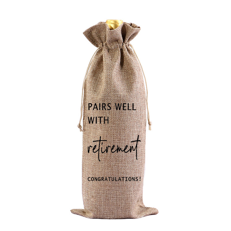 Red Wine Bag for Retirement Celebration: Party Wine Packaging Bag, Imitation Linen Drawstring Pouch, Gift Bag