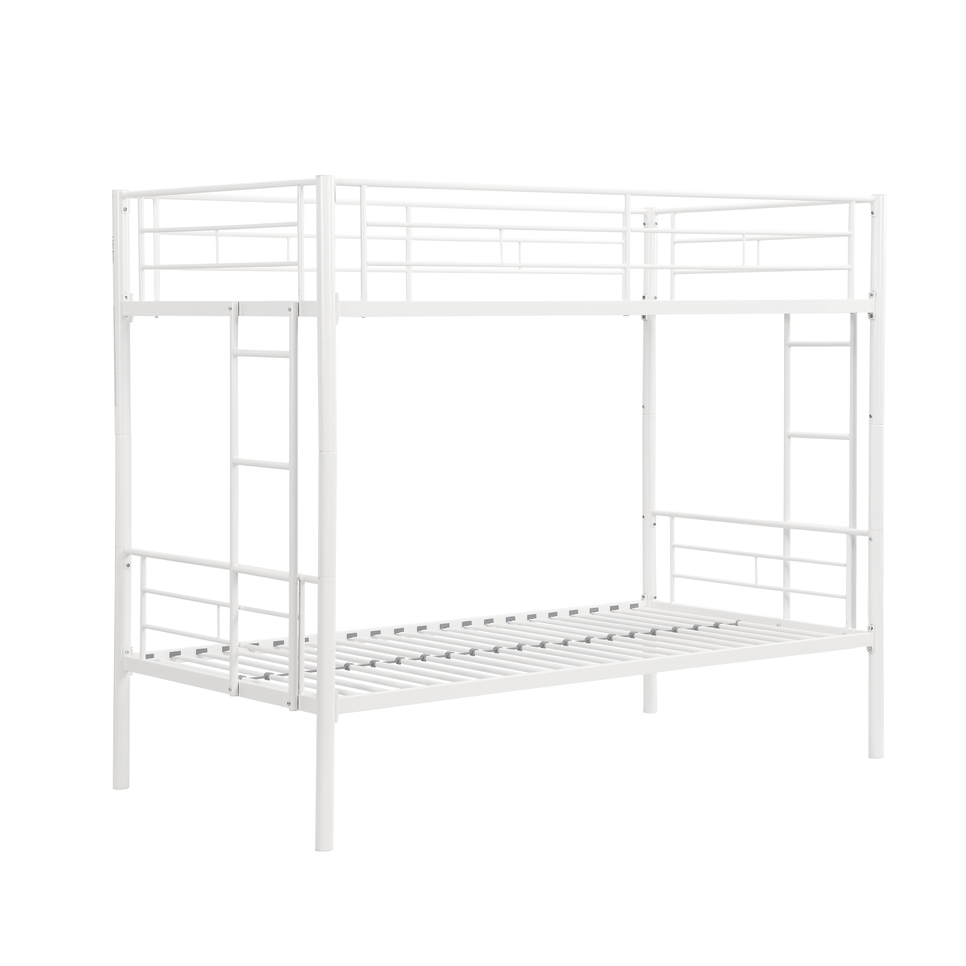 Twin metal bunk beds, metal structure bed frame with safety guardrails and 2 ladders, convertible bunk beds, white