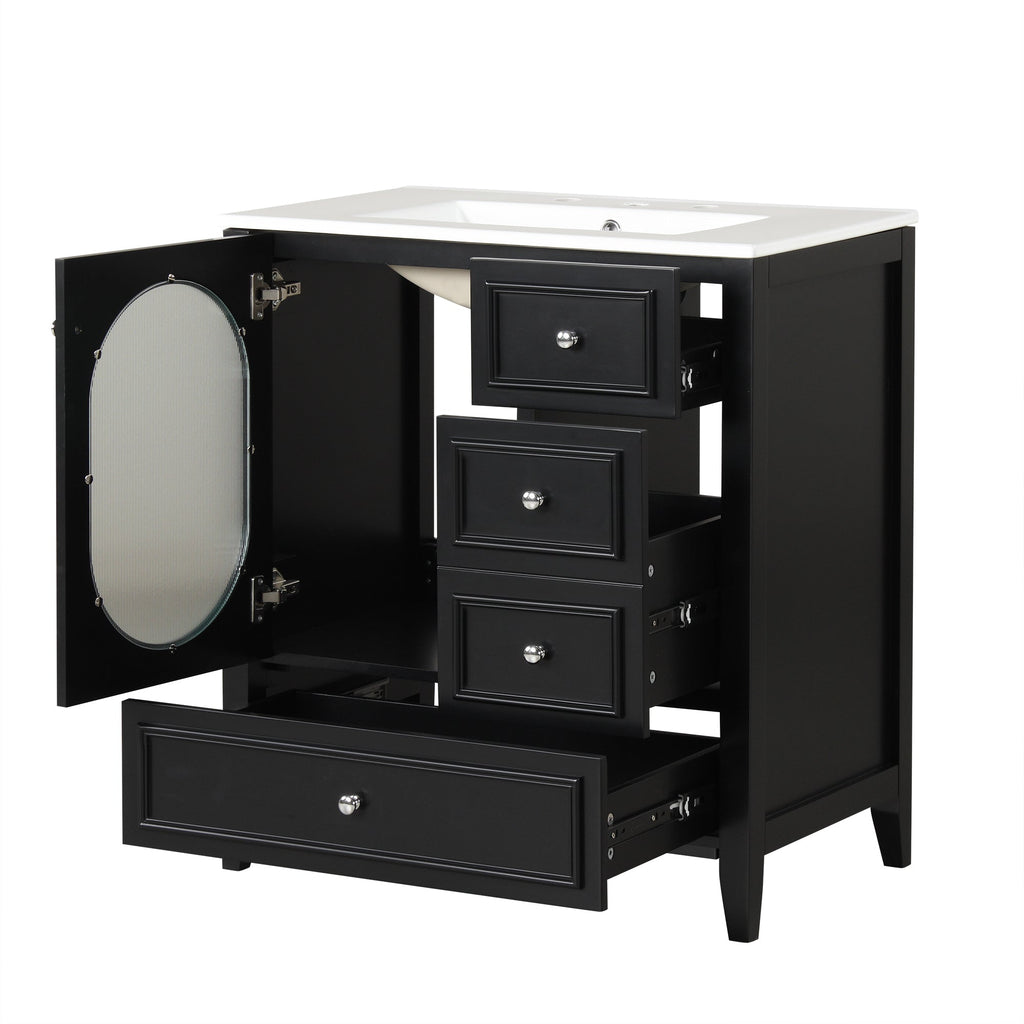 30" Bathroom Vanity with Sink, Bathroom Vanity Cabinet with Three Drawers and Door, Solid Wood and MDF, Black