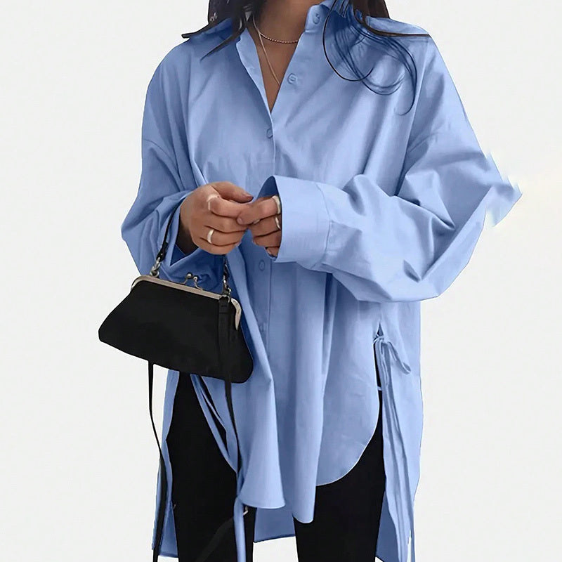 Women's Casual Loose-Fit Long Sleeve Shirt - Side Slit Tie Detail Button-Down Blouse, Solid Color Top