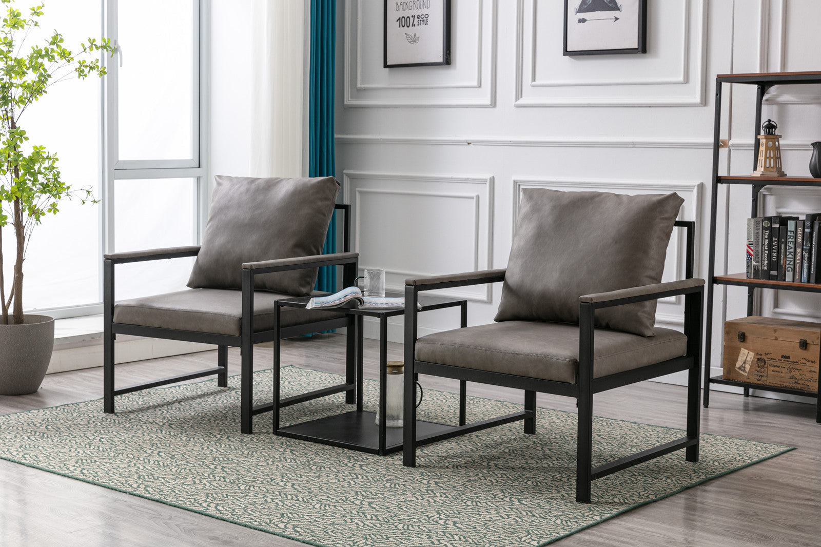 A&A Furniture Modern Faux Leather Accent Chair with Black Powder Coated Metal Frame Gray