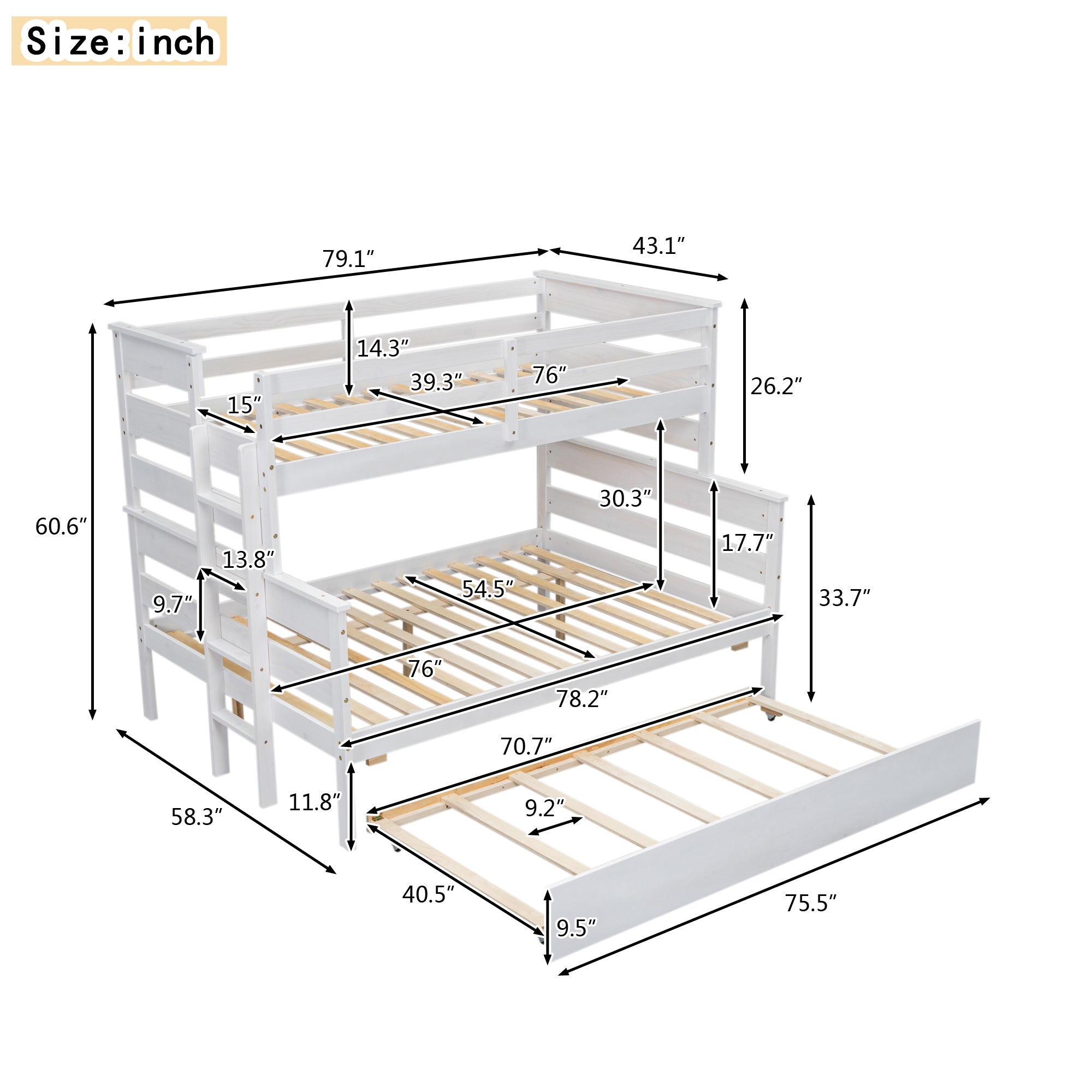 Wood Twin over Full Bunk Bed with Twin Size Trundle  White