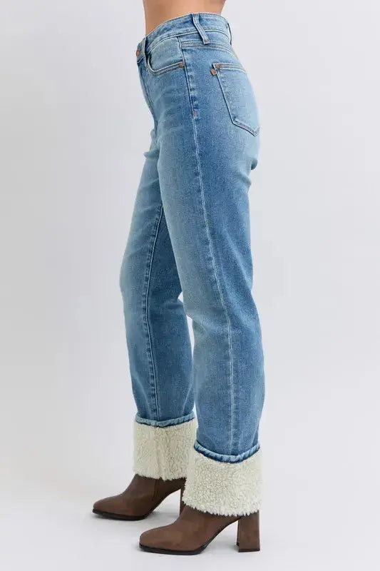 Plus Size High Waist Shearling Cuff Straight Leg Judy Blue Jeans