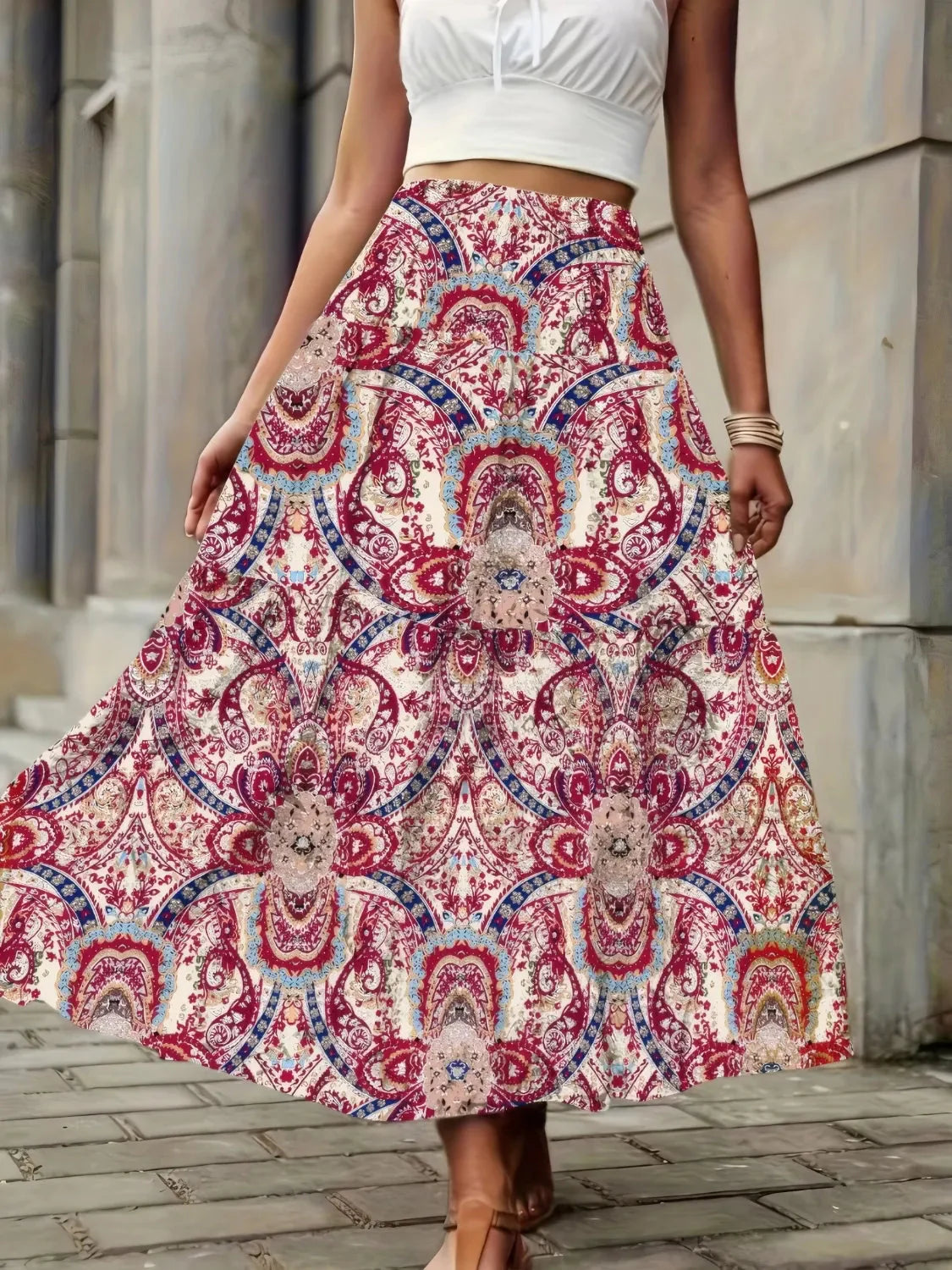 Smocked High Waist Maxi Boho Skirt – Printed Flowy Summer Skirt