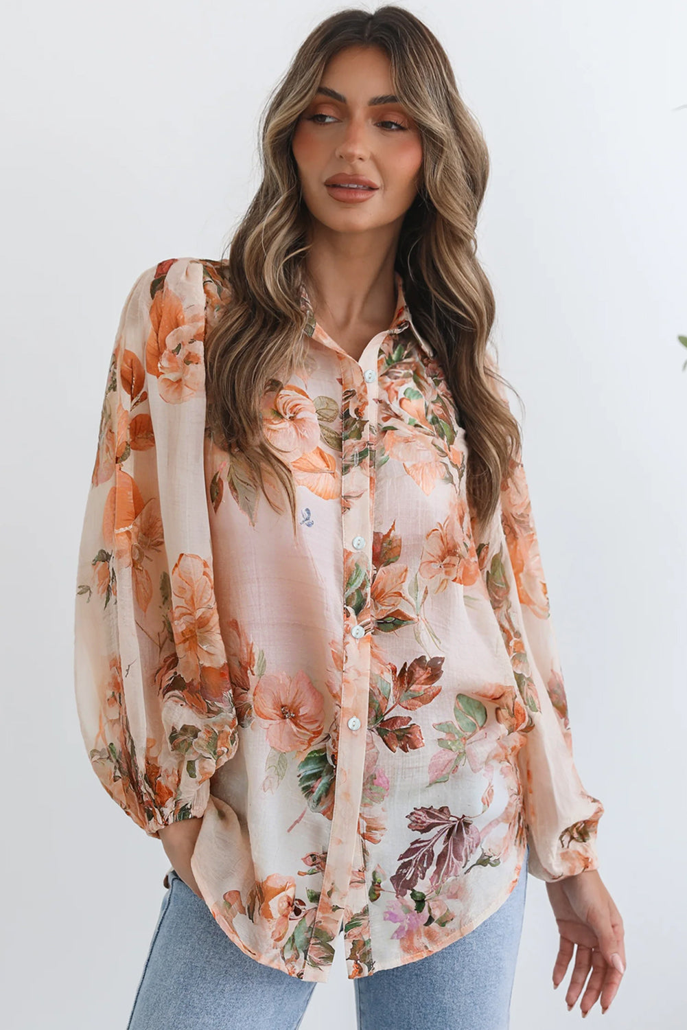 Orange Floral Puff Sleeve Polyester Lightweight Shirt