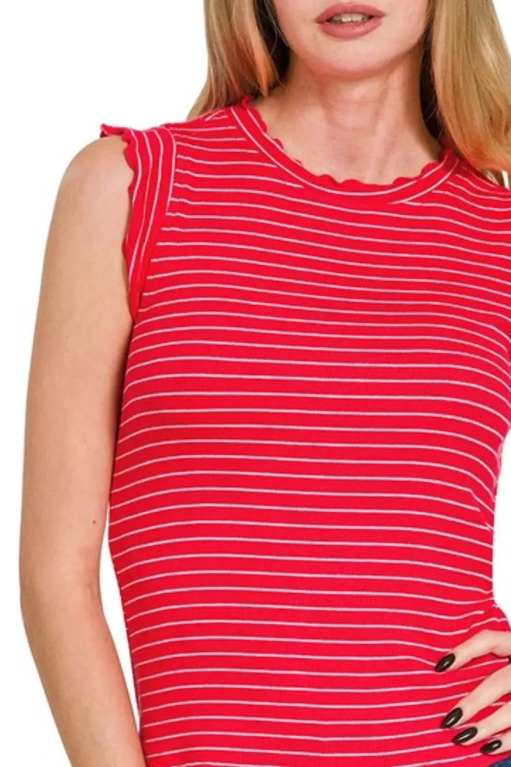Zenana Ruby Ribbed Ruffle Trim Striped Sleeveless Tank Top for Women
