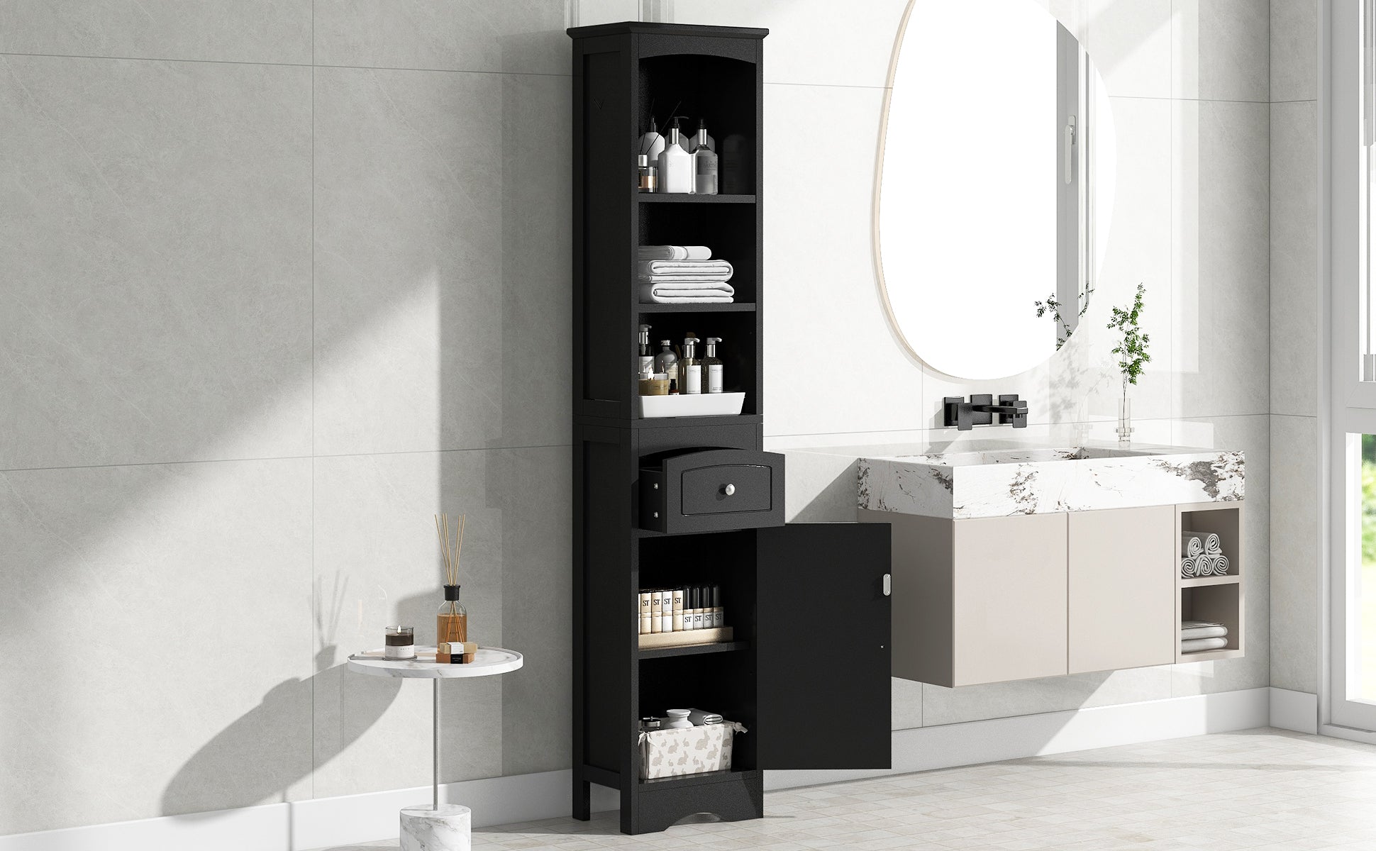 Tall Bathroom Cabinet, Freestanding Storage Cabinet with Drawer, MDF Board, Adjustable Shelf, Black
