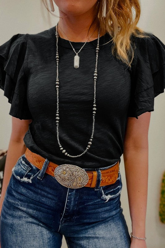 Dark Grey Ruffle Sleeve Plain Blouse