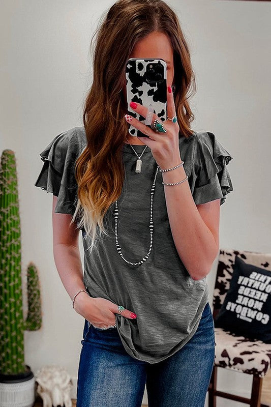 Dark Grey Ruffle Sleeve Plain Blouse