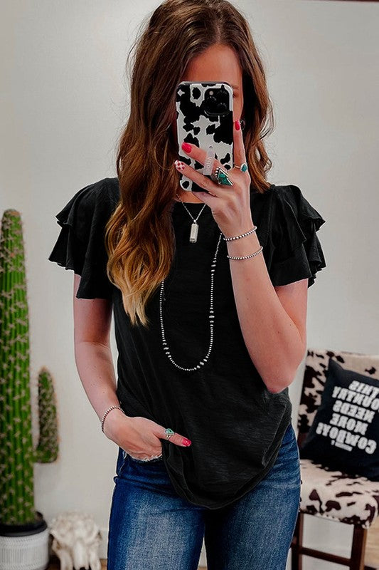Dark Grey Ruffle Sleeve Plain Blouse