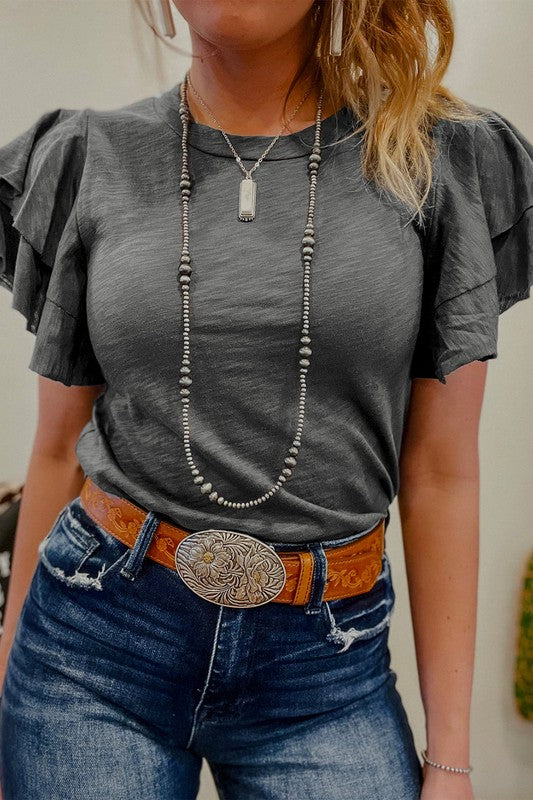 Dark Grey Ruffle Sleeve Plain Blouse