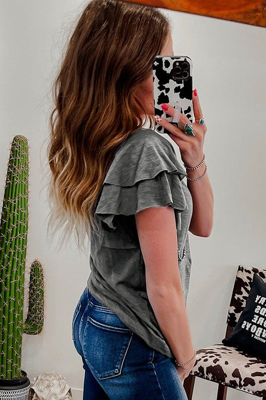 Dark Grey Ruffle Sleeve Plain Blouse