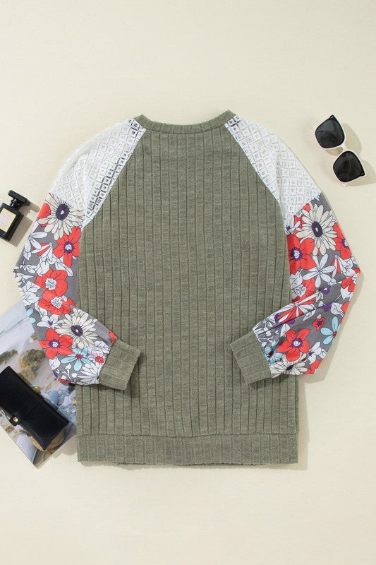 ribbed lace patch floral sweatshirt