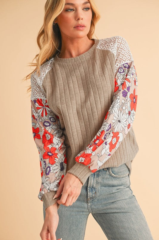 ribbed lace patch floral sweatshirt
