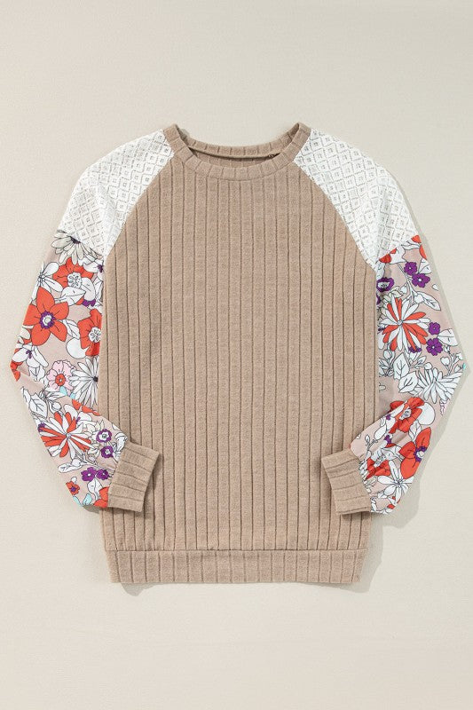 ribbed lace patch floral sweatshirt