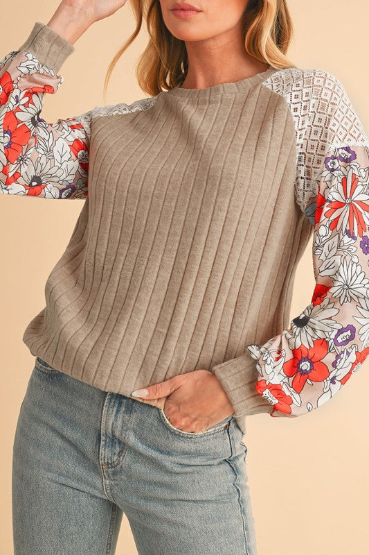 ribbed lace patch floral sweatshirt
